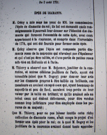 Descriptif de l'pe de diamants de Louis XVI  