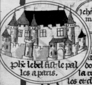 D�tail d'une illustration dans le manuscrit  de Jehan Bretet concernant Philippe Le Bel et la construction de son palais � Paris