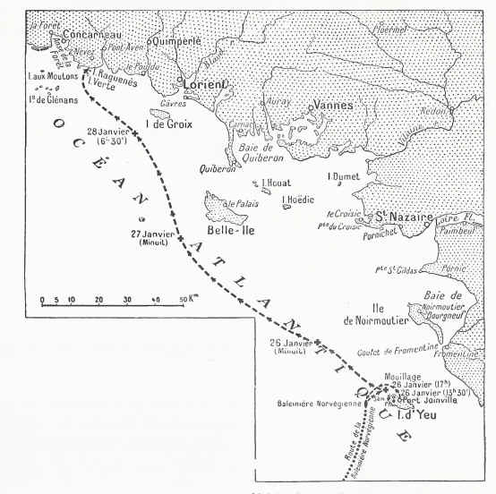 Carte montrant la drive du " Paul Tourreil " entre le 26 et le 28 janvier 1917 