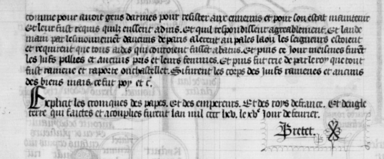 Dtail de la fin du  manuscrit et de la signature de Jehan Bretet avec 4 coeurs en croix.